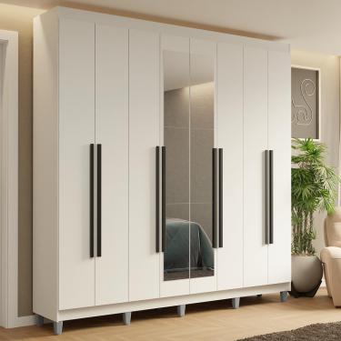 Imagem de Guarda-Roupa Casal com Pés 8 Portas Batentes com Espelho Branco/Branco/Preto Saturno Madesa