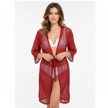 Imagem de Saída De Praia/ Kimono Em Renda De Arrastão Moda Verão - Corpo Dourado