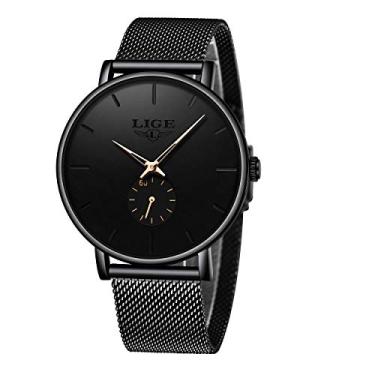 Imagem de Relógios masculinos LIGE ultrafinos preto de aço inoxidável à prova d'água analógico de quartzo com luxuoso relógio de pulso para negócios