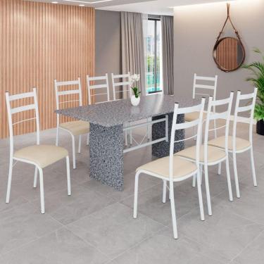 Imagem de Conjunto Sala de Jantar Mesa Retangular 180x75cm Tampo Granito Ocre 8 Cadeiras Marselha Creme / Branco