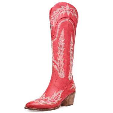 Imagem de RONILURN Botas de caubói para mulheres, botas de cowgirl, cano médio, western country, bico fino, bordado, salto grosso, sem cadarço, vermelho, Altura do joelho vermelha, 36