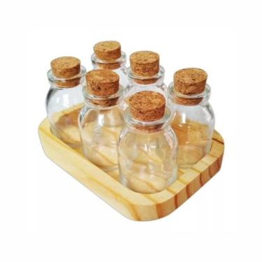Imagem de Porta Tempero 6 Potes De Vidro Com Rolhas Bandeja Em Madeira - Dema Ma