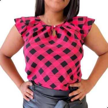 Imagem de Blusinha Feminina Social Crepe Estampa Xadrez - Look Modas Octavio, M,