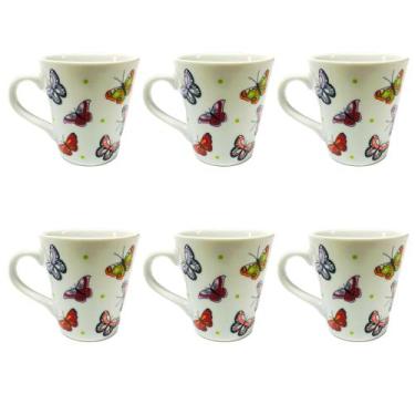 Imagem de Kit De 6 Xicaras De 110ml De Porcelana Decorada Borboleta Para Chá E C