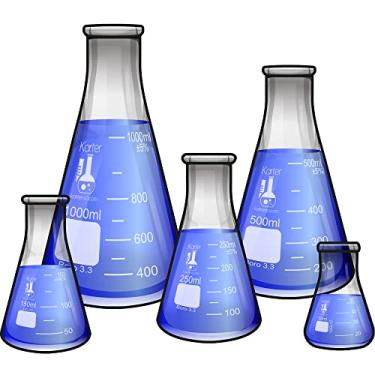 Imagem de Karter Scientific Conjunto de 5 Peças de Frasco de Vidro, Erlenmeyer de Boca Estreita, Vidro Borossilicato 3.3-50Ml, 150Ml, 250Ml, 500Ml, 1L, 213B2