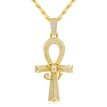 Imagem de PY BLING Colar com pingente de cruz do Olho de Hórus Ankh com corrente de colar egípcio antigo banhado a ouro branco 14K, joia de proteção para homens e mulheres com corrente de corda inoxidável, 62mm