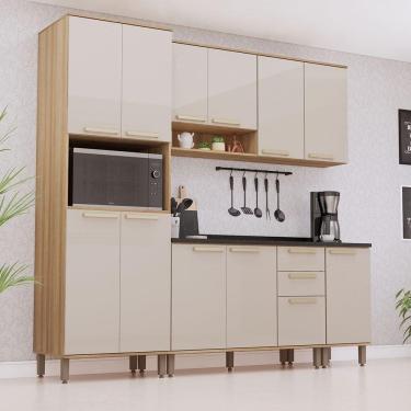 Imagem de Cozinha Modulada Compacta 5 Peças Com Tampos E Sem Pia Isis Avelã-mocca Laca