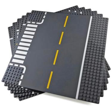 Imagem de Apostrophe Games Road Baseplate – Premium Building Blocks Base Plates Compatible with All Major Brands – 6pcs Baseplate Gray with Road Design – Straight, Curve, Crossroad, T-Junction