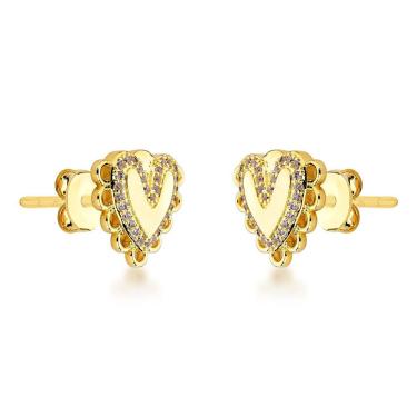 Imagem de Brinco Coração Romantico Brilhoso Banhado A Ouro 18k