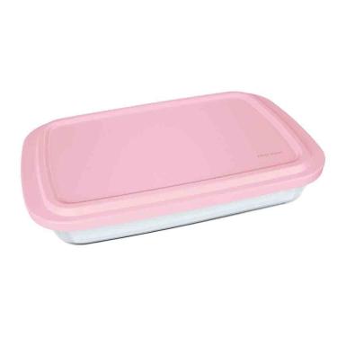 Imagem de Assadeira Retangular Marinex Em Vidro Com Tampa Plástica Transparente Com Rosa