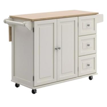 Imagem de Carrinho de Armazenamento Carrinho de cozinha com tampo de madeira e folhas suspensas, bar de café da manhã, ilha de cozinha, casa casual Carrinho de Armazenamento(Branco)