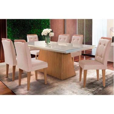 Imagem de Sala De Jantar Completa Luna c- Tampo Vidro Canto Curvo 180x90cm E 6 Cadeiras Imperatriz Imbuia-off White - Suede Creme - Rufato