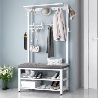 Imagem de Cabideiro Independente Resistente Com Sapato Beh Industrial Hall Tree Com Armazenamento De Sapatos Cabide De Cama Com Ganchos Fácil De Montar Para Entrada Corredor Sala De Estar Q, White Gray, 100cm