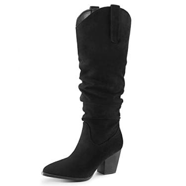 Imagem de mysoft Feminino Botas Cowboy Até O Joelho, Bico Fino, Salto Médio e Grosso, Botas Desleixadas com Zíper