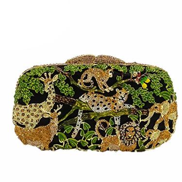 Imagem de Boutique De FGG Bolsa clutch feminina de cristal Forest Jungle Animal World para noite, formal, bolsa de mão com strass, mini, Verde, Medium