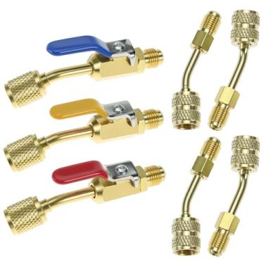 Imagem de QWORK 7 peças de válvula de esfera compacta angular refrigerante de ar condicionado 1/4 polegada e mini adaptador dividido 5/16 a 1/4 acoplador, compatível com R134a, R410A, R22, R12