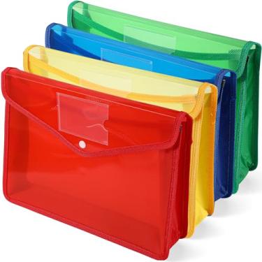 Imagem de Pacote com 4 pastas expansíveis de plástico A4, organizador de documentos à prova d'água com botão de pressão, vários bolsos, armazenamento de escritório doméstico (4 cores)