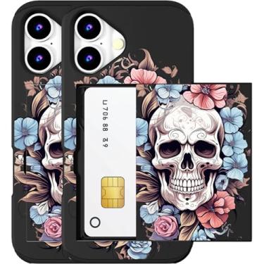Imagem de MUQR Capa compatível com telefone 17 com porta-cartão fofo - design kawaii, proteção contra quedas de nível militar, capa carteira robusta para mulheres (caveira preta floral)