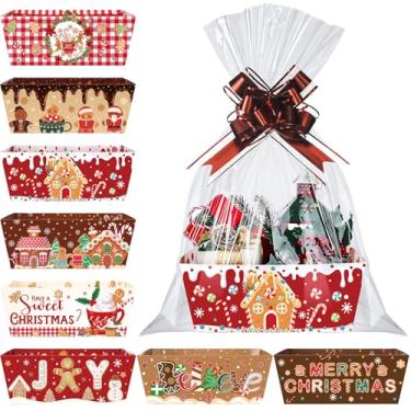 Imagem de Cholemy Kit de 72 cestas de presente de Natal vazias para encher, cesta DIY para presentes, 24 bandejas vazias com alças, 24 laços, 24 sacos transparentes para Natal, feriado, aniversário (estilo