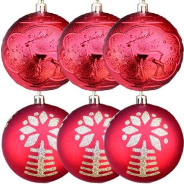 Imagem de Kit 6 Bolas De Natal Enfeite árvore De Natal Vermelha 80mm - OUTRAS MA