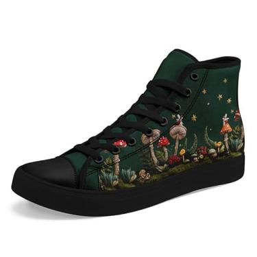 Imagem de AWSOLE Tênis feminino moderno de lona de cano alto estampado cogumelo floral planta com cadarço liso elegante presente tênis para casal, preto/verde/vermelho/branco, 35/37 BR