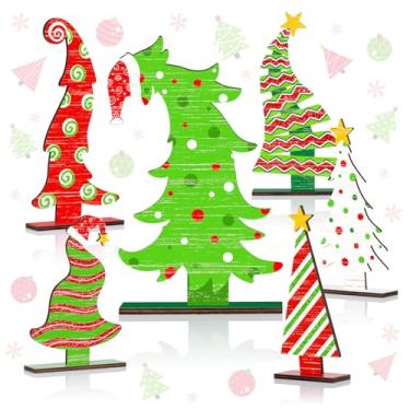 Imagem de 6 peças de decoração de mesa de árvore de madeira de Natal Noel Merry Christmas placas de mesa rústica casa de fazenda vintage madeira envelhecida árvore de Natal centros de mesa para casa prateleira