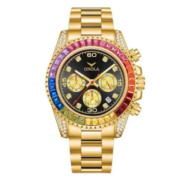 Imagem de DAXIAOYU Relógio masculino Business Gold, quartzo, colorido, diamante, aço inoxidável, impermeável, à prova d'água, Dourado, preto, Negócios