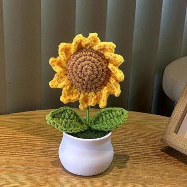 Imagem de 1 girassol feito à mão em crochê, girassol decorativo para presente, tecido à mão, ornamentos decorativos de flores de simulação