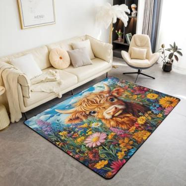 Imagem de Highland Cattle Kids Tapete de área infantil, tapete de entrada com flores de margaridas naturais em aquarela, tapete antiderrapante, animal rústico, boi, vaca, antiderrapante, cadeiras coloridas