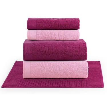 Imagem de Jogo De Banho Native Toalhas Macias Costela De Adão 100% Algodão Fio Penteado 5 Peças Rosa E Pitáia