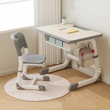 Imagem de Yadlan Conjunto de mesa e cadeira infantil de 5 a 10 anos, conjunto de mesa e cadeira infantil com altura ajustável com armazenamento, mesa de estudo pequena estável em forma de C para quarto com