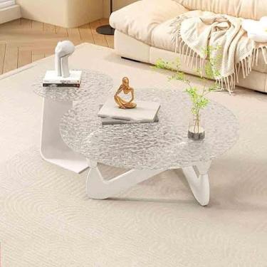 Imagem de Yadlan Conjunto de mesas de centro redondas modernas, mesas de café, mesa de centro de vidro, conjunto de 2 mesas laterais com suporte triangular, mesas de canto para sala de estar, quarto, varanda