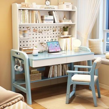 Imagem de Yadlan Mesa de estudo com gavetas de madeira, mesa ajustável em altura para crianças e adolescentes, mesa infantil com armazenamento, mesa de escrita espaçosa com quadro de avisos e prateleira