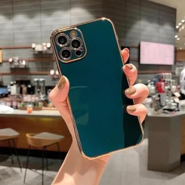 Imagem de HTVJFX Capa luxuosa banhada a ouro com proteção de lente de silicone macio para iPhone 13 Pro (para iPhone 13 Pro/verde escuro)