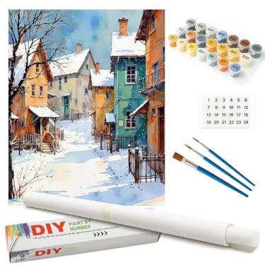 Imagem de Kit de pintura por números Winter Village para adultos – Casas de neve DIY e pintura de cena de rua em tela enrolada 40,6 x 50,8 cm, conjunto de tinta acrílica, adequado para iniciantes, arte para