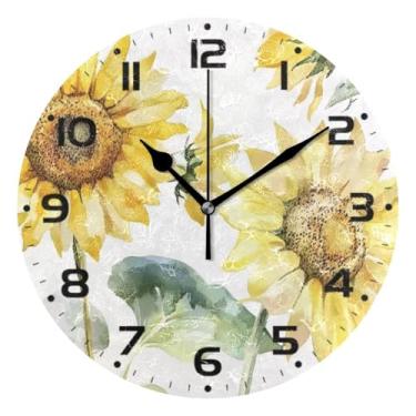 Imagem de JUZIHAI Relógio de parede girassóis silencioso, sem tique-taque, redondo, operado por bateria, fácil de ler, relógio decorativo de parede para casa, cozinha, sala de estar, quarto, escritório, 25 cm