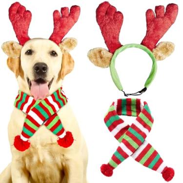 Imagem de JeVenis Faixa de cabeça de chifre de rena peludo de Natal para cachorro chifres de veado fantasia orelhas de rena tiara fantasia chifres para cachorro para o Natal