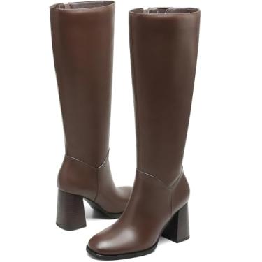 Imagem de SLXCHBSL Botas de equitação femininas na altura do joelho - Salto grosso, bico redondo, botas longas de couro sintético com zíper lateral | Moda outono inverno, conforto e estilo, Marrom, 41