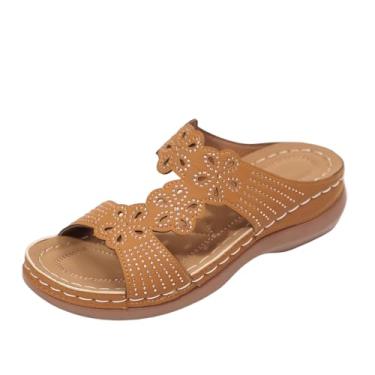 Imagem de Pantufa feminina casual primavera verão versátil uma tira salto plataforma bico aberto cor sólida, Marrom, 36