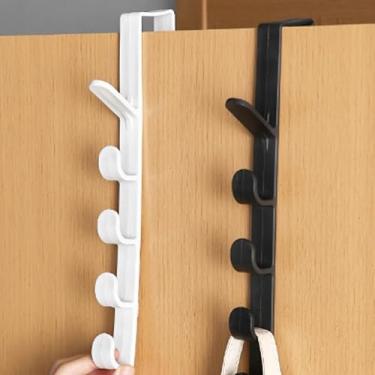 Imagem de 2 ganchos acima da porta, suporte de pendurar roupas de plástico, 5 ganchos para roupas, toalhas, chaves e bolsas, solução de armazenamento elegante, preto e branco