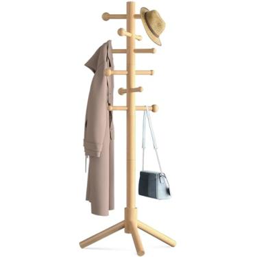 Imagem de ACIPENSER Cabide de madeira independente com 12 ganchos, 3 alturas ajustáveis, suporte de cabide de pé para chapéu e cabideiro para pequenos espaços de entrada, escritório, quarto, natural
