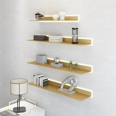 Imagem de Prateleiras de parede flutuantes, prateleiras de exibição de parede dupla face de liga de alumínio com luz LED para prateleira de plantas ou estante de livros (cor: ouro, tamanho: 40 x 23 cm)