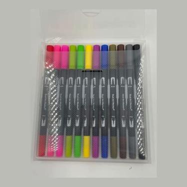 Imagem de Pincel de ponta dupla, conjunto de canetas marcadoras de arte de 12 cores, 24 pontas de pincel e finas, adequado para livros infantis e adultos, notas, caligrafia, pintura e desenho