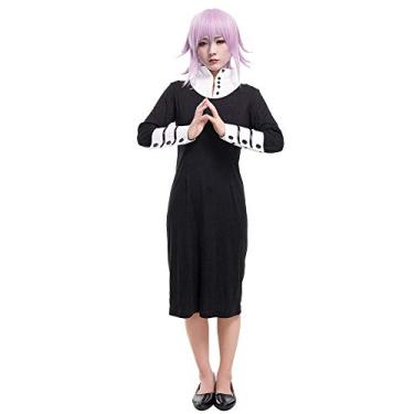 Imagem de miccostumes Fantasia feminina anime bruxa cosplay preto vestido até o joelho com gola branca e punhos, Preto, Small