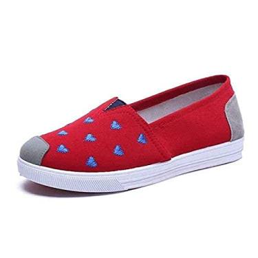 Imagem de Sapatos casuais femininos sapatos de tecido respirável fundo plano bordado lona sapatos de estudante fundo macio feminino, Coração vermelho, 10