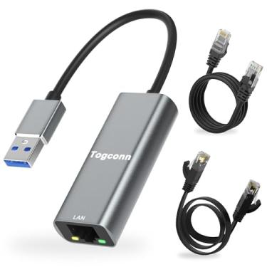 Imagem de Togconn Adaptador USB para Ethernet, conectores USB 3.0 tipo A para RJ45, adaptador de Internet de rede USB-A para Gigabit LAN, para MacBook, laptop, PC e mais, adaptador de alumínio com 2 cabos Cat6