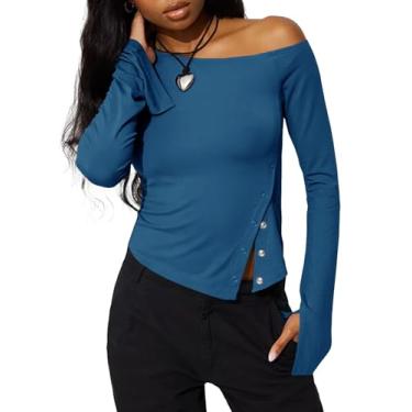 Imagem de Tankaneo Camisetas femininas com ombros de fora Y2k Going Out manga comprida cropped assimétrica slim fit, Azul escuro, P