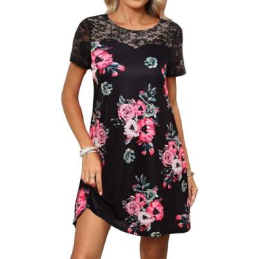 Imagem de Duppoly Vestidos de renda para mulheres 2024 casual verão camiseta vestido solto floral mini camiseta vestido, Preto F11, P