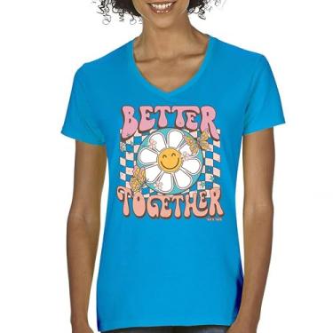 Imagem de Camiseta feminina com gola V Better Together, vintage, retrô, estilo boêmio, estilo anos 70, floral, vibração, hippie, amor, amizade, boêmio, Turquesa, M