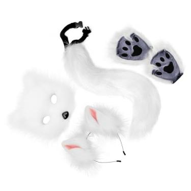 Imagem de Fiocias Máscara E Cauda Therian Linda Máscara de Gato Peludo para Festa de Halloween Feriado Aniversário, Branco